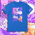 Front view of a blue StarSticker.Shop original exclusive Cereal Killer t-shirt featuring skull cereal, spilled milk, spooky orange juice, and a dark breakfast pun design.