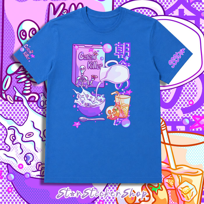 Front view of a blue StarSticker.Shop original exclusive Cereal Killer t-shirt featuring skull cereal, spilled milk, spooky orange juice, and a dark breakfast pun design.
