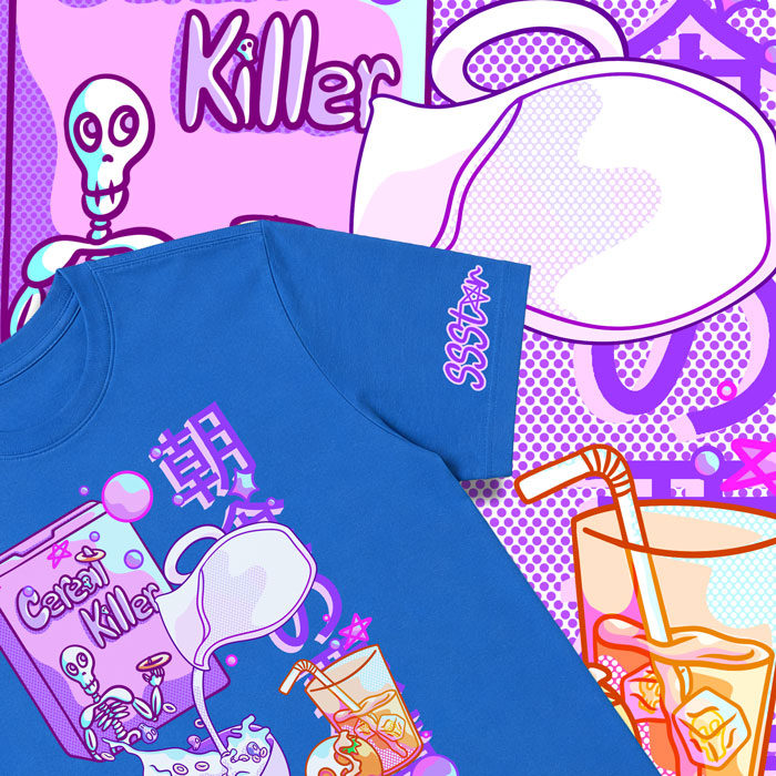 Close-up of the Cereal Killer breakfast horror artwork with skull-shaped cereal loops, skull ice cubes, milk pouring, and an orange melting into a skull.