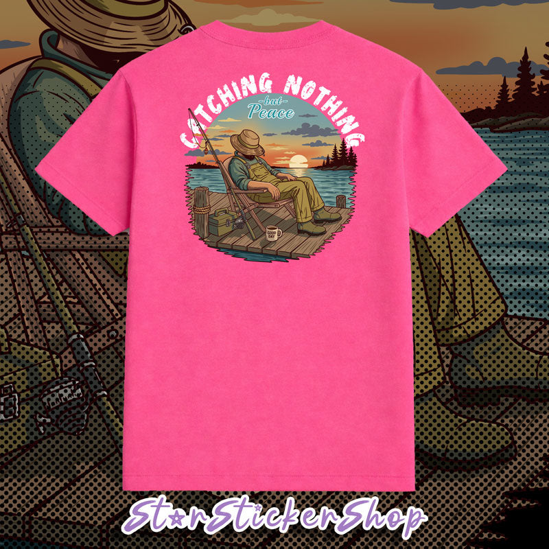 Outdoor lifestyle shirt featuring a fisherman enjoying the sunset with Keepin' It Reel and Catchin' Nothing But Peace designs.