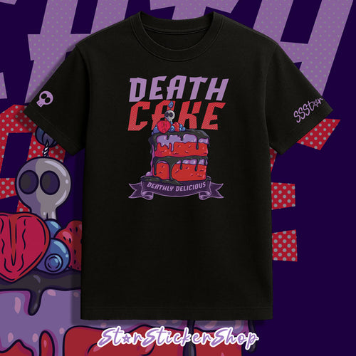 StarStickerShop original Death Cake T-shirt featuring a spooky cake graphic with skull details, dripping frosting, and Deathly Delicious lettering.