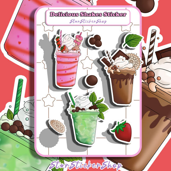 Cute milkshake stickers strawberry shake chocolate shake mint shake with small topping stickers