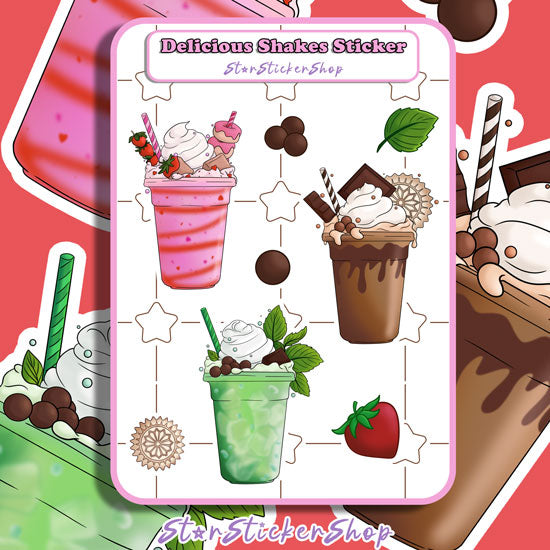 Delicious Shakes sticker sheet 3.6x5.2 strawberry chocolate mint shakes StarSticker.shop original