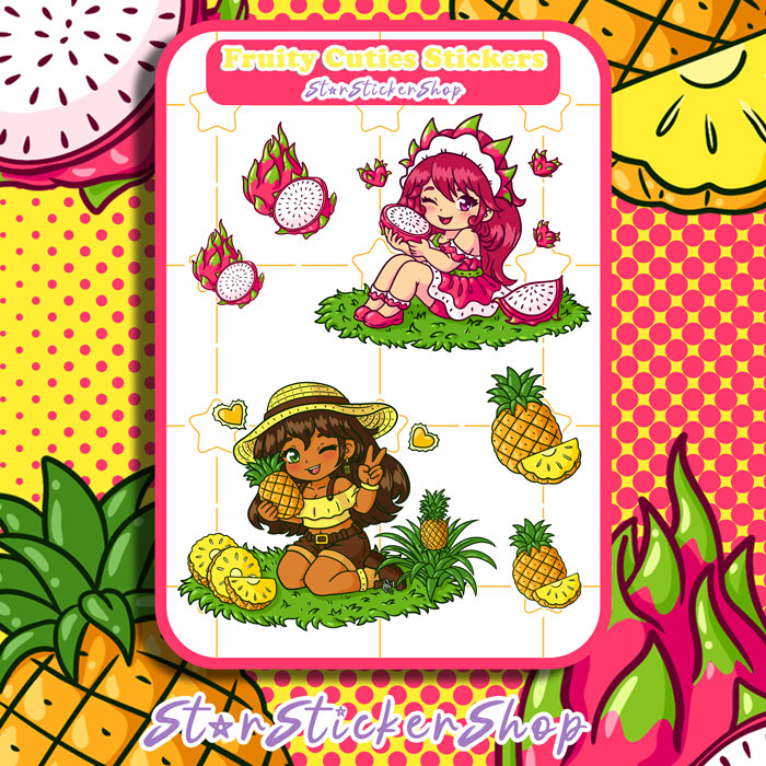 Fruity Cuties dragonfruit and pineapple sticker sheet featuring two cute fruit girl sisters with mini tropical fruit accent stickers on a 3.9 x 5.2 inch sheet.
