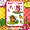 Fruity Cuties dragonfruit and pineapple sticker sheet featuring two cute fruit girl sisters with mini tropical fruit accent stickers on a 3.9 x 5.2 inch sheet.
