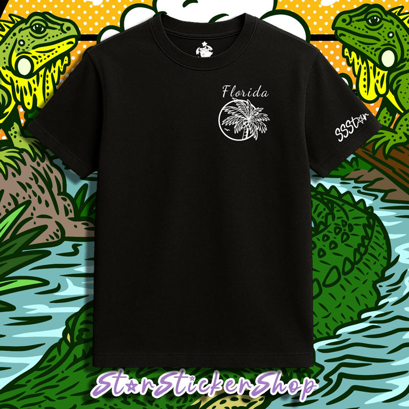 StarStickerShop original Florida T-shirt featuring a small front chest logo and a full back graphic of an alligator swimming through a tropical Florida scene.