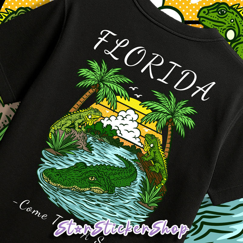 Florida wildlife inspired shirt featuring a detailed alligator, tropical landscape, and unique StarStickerShop original artwork.