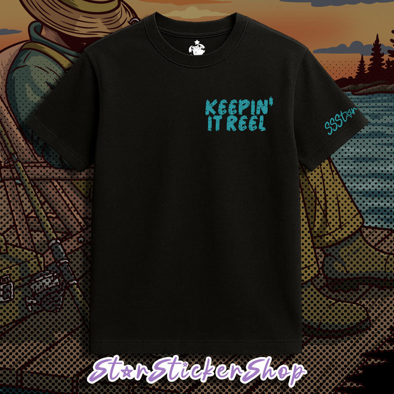StarStickerShop original Catchin' Nothing But Peace fishing T-shirt featuring a small front chest logo and large back fishing graphic.