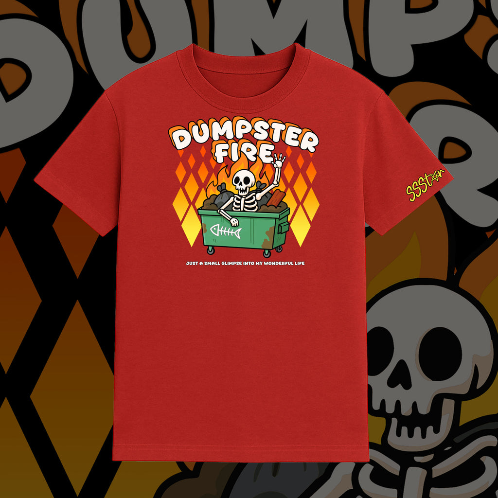 Red t-shirt with 'Dumpster Fire' graphic design featuring a skeleton and text on a dark background.