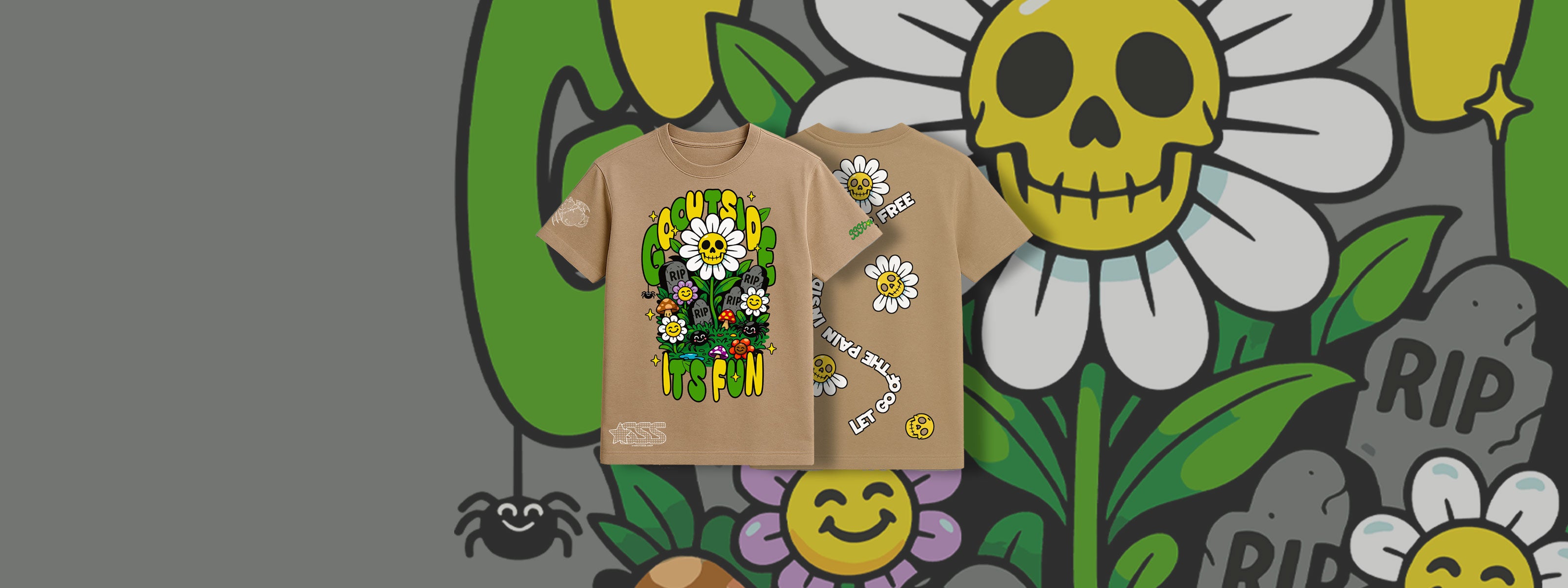 Banner to promote Going outside t shirt with a daisy flower and skulls