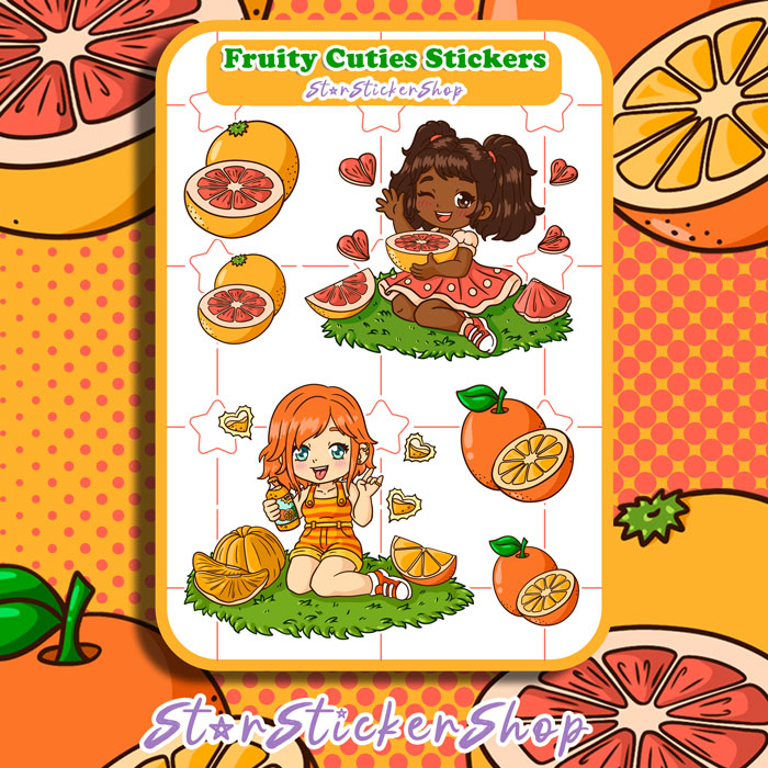 Fruity Cuties grapefruit and orange sticker sheet featuring two cute fruit girls with mini citrus accent stickers on a 3.9 x 5.2 inch sheet.
