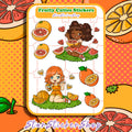 Fruity Cuties grapefruit and orange sticker sheet featuring two cute fruit girls with mini citrus accent stickers on a 3.9 x 5.2 inch sheet.