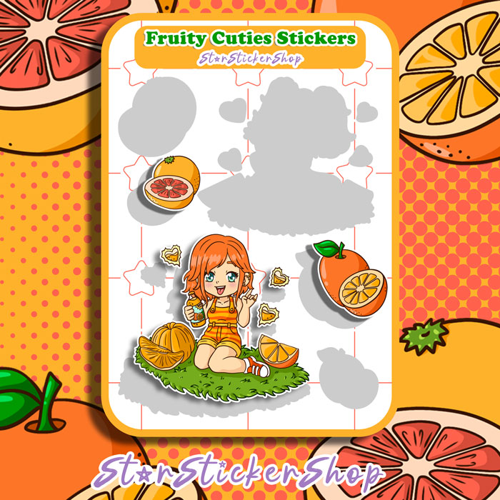 StarStickerShop original grapefruit and orange sticker sheet with kawaii fruit girl characters and small matching fruit stickers.
