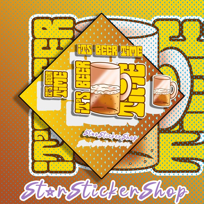 Funny beer themed diamond shape sticker sheet with a beer mug design and playful Its Beer Time text in a bright colorful layout.