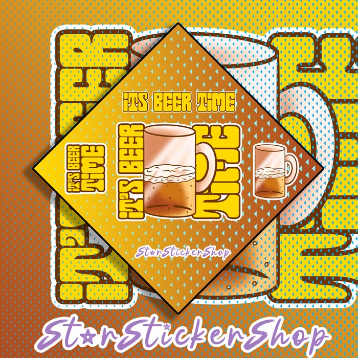StarStickerShop original Its Beer Time diamond shape sticker sheet featuring a half-drunk beer mug with bold fun lettering and matching smaller stickers.