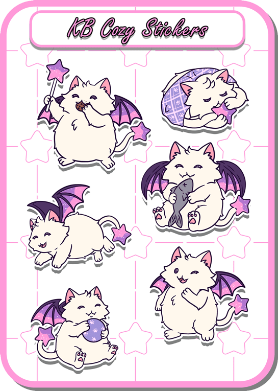 A sticker sheet of Star Sticker Shop mascot KB being cute and cozy eating fish and sleeling or chilling.