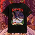 Black t-shirt with Krampus design featuring a child in a bed and 'Merry Christmas' text, on a colorful background.