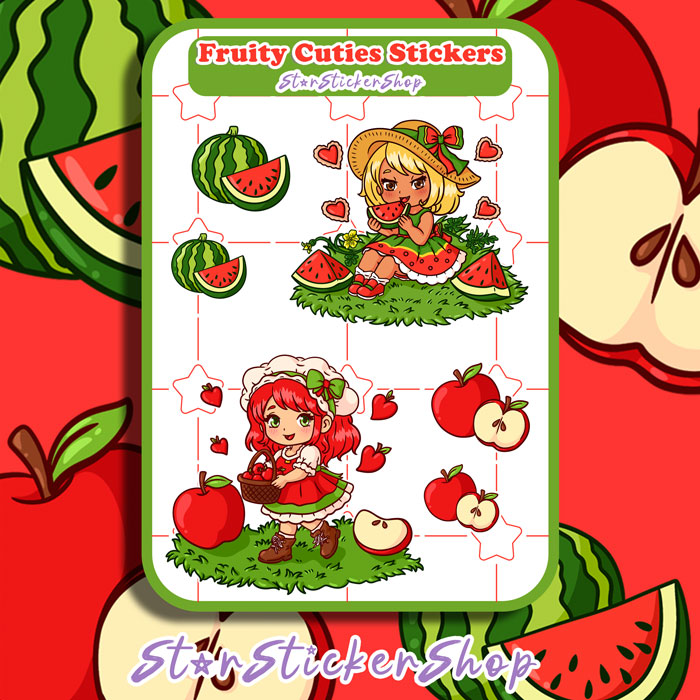 Cute fruity cuties sticker sheet featuring apple and watermelon girls with mini fruit stickers on a 3.9 x 5.2 inch sheet.