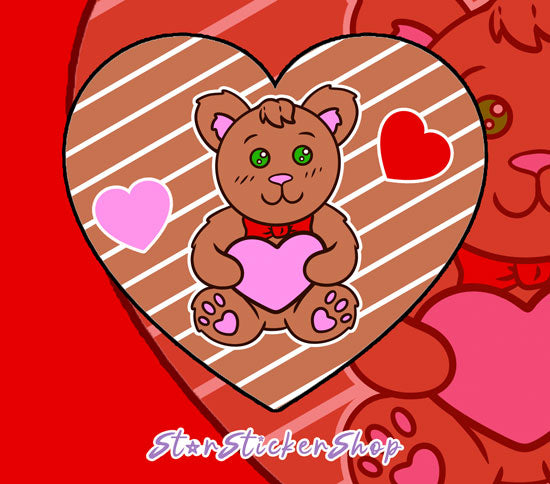 Valentine teddy bear sticker set with heart background and two mini heart stickers