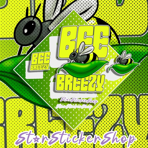 Funny bee sticker sheet with a bee on a green leaf and Bee Breezy wording, including 4 total stickers in a 5 inch diamond-shaped layout.