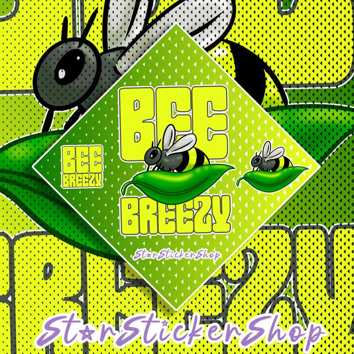 StarStickerShop original Bee Breezy diamond-shaped sticker sheet featuring a cute bee resting on a leaf with playful pun text.