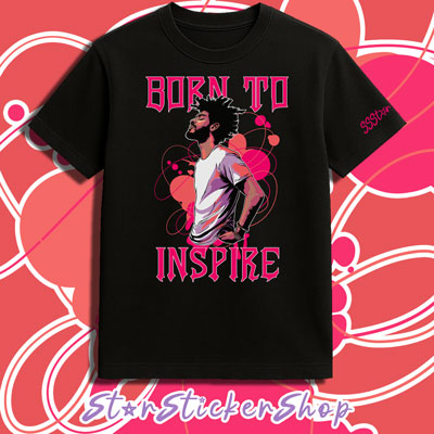 Black t-shirt with 'Born to Inspire' design on a pink and white patterned background