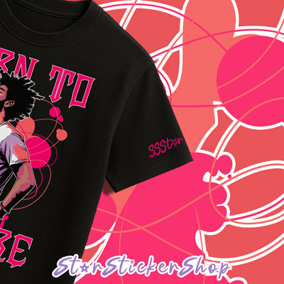 Black t-shirt with graphic design and text on a pink and orange abstract background