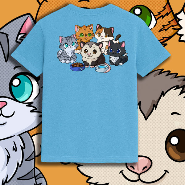 Blue t-shirt with cartoon cats design on a colorful cat-themed background