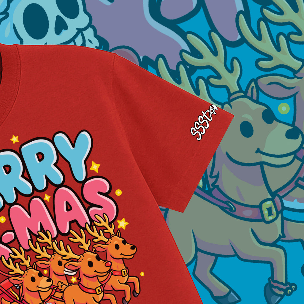 Skeleton Santa’s Flaming Sleigh Merry X-Mas Tee