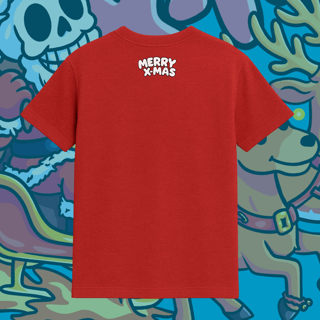 Skeleton Santa’s Flaming Sleigh Merry X-Mas Tee