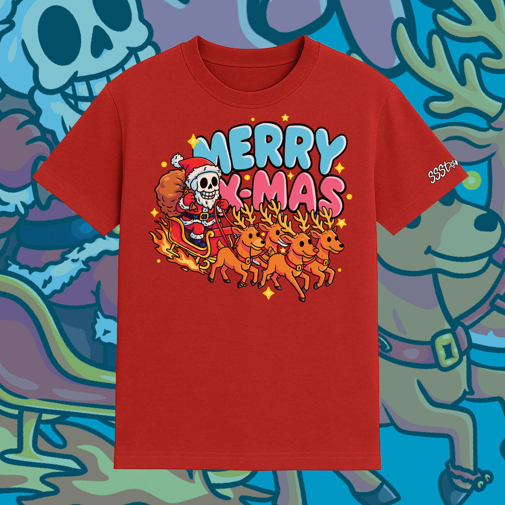 Skeleton Santa’s Flaming Sleigh Merry X-Mas Tee
