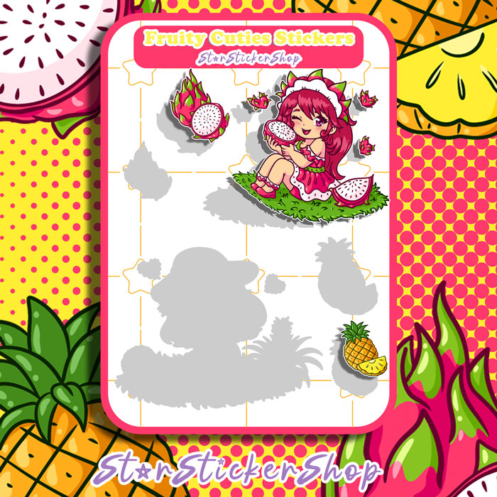 StarStickerShop original dragonfruit and pineapple sticker sheet with kawaii fruit girl characters and small matching fruit stickers.