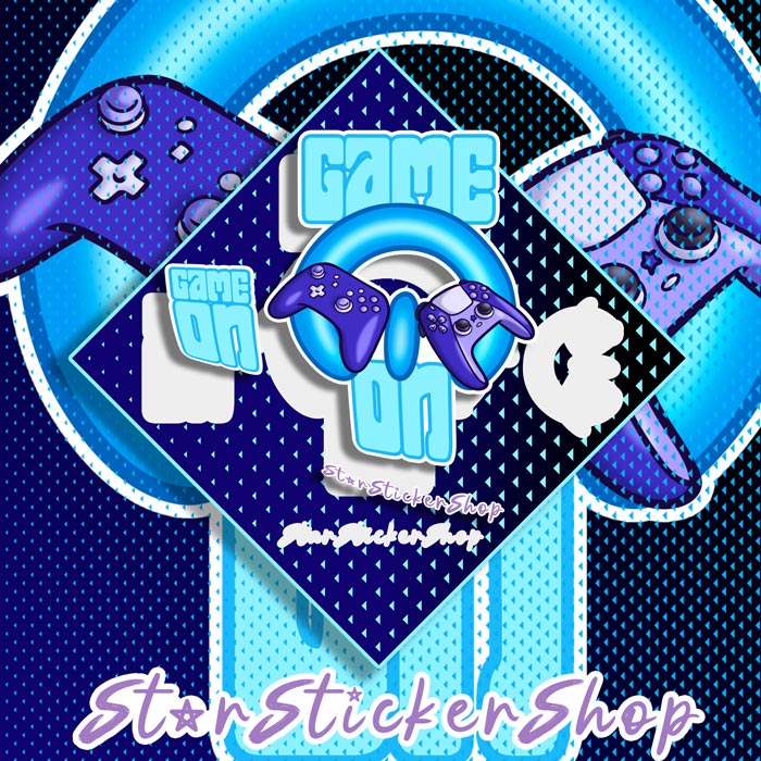 Funny gamer sticker sheet with blue game controllers and Game On lettering, perfect for laptops, gaming setups, consoles, and water bottles.