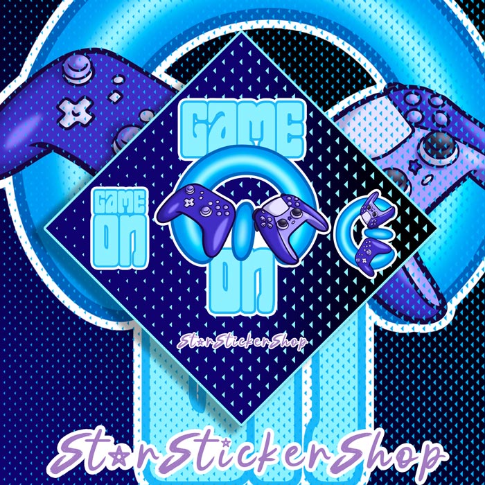 StarStickerShop original Game On diamond shape sticker sheet featuring two console controllers with bold gamer-style text and matching smaller stickers.