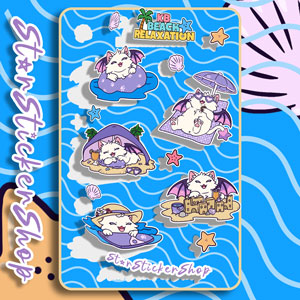 StarSticker.Shop original KB Beach Relaxation vinyl sticker sheet with adorable beach cat illustrations, tropical summer designs, seashells, starfish, sandcastles, and ocean waves.