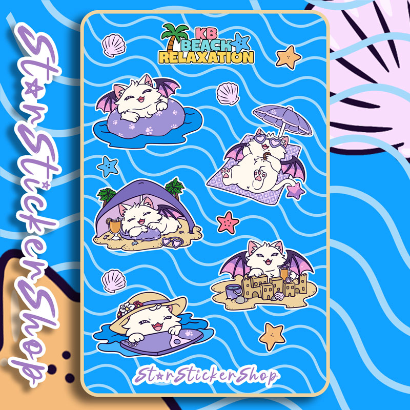 StarSticker.Shop KB Beach Relaxation sticker sheet featuring cute white magical cat KB relaxing on pool floats, lounging under an umbrella, napping on the beach, and building sandcastles.