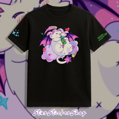 KB StarSticker.shop mascot shirt front large print cat chilling drinking green drink