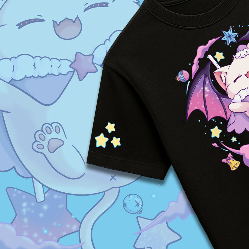 Black t-shirt with a colorful cartoon design on a blue background with cat illustrations.