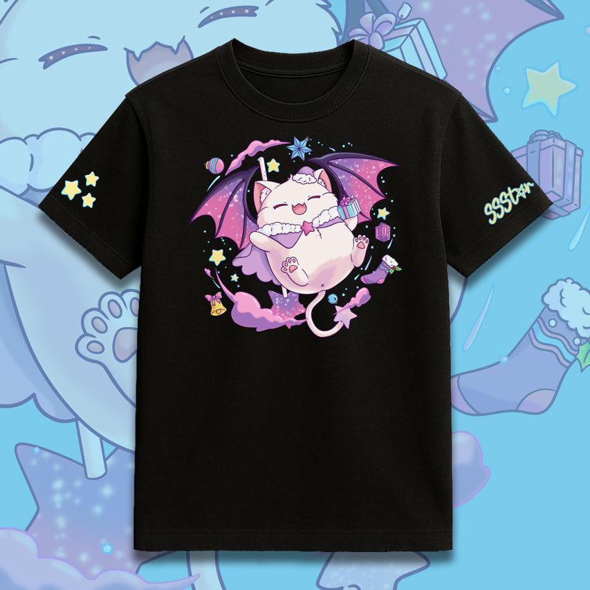 Black t-shirt with a cartoon cat design on a colorful background StarStickerShop