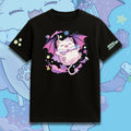 Black t-shirt with a cartoon cat design on a colorful background StarStickerShop