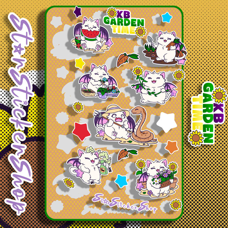StarSticker.Shop original KB Garden Time vinyl sticker sheet with colorful gardening cat illustrations, flower basket, watermelon, vegetables, and sunflower themed stickers.