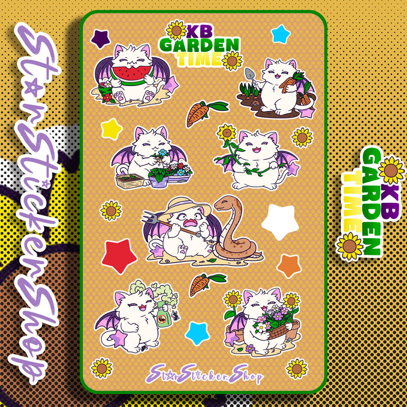 StarSticker.Shop KB Garden Time sticker sheet featuring adorable white magical cat KB gardening, planting flowers, harvesting carrots, sunflowers, and cute original chibi artwork.