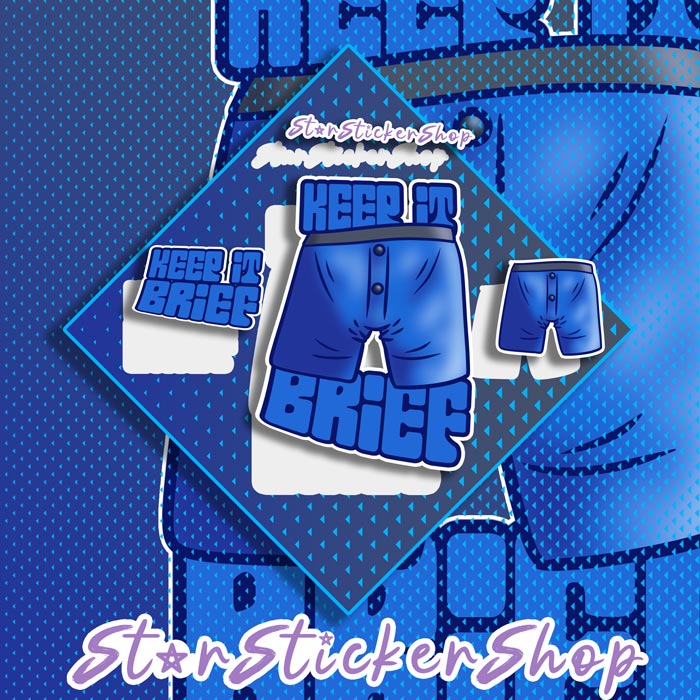Funny underwear pun sticker sheet with blue boxer brief art and playful Keep It Brief text on a 5 inch diamond layout.