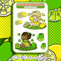 Fruity Cuties lemon and lime sticker sheet featuring two cute fruit girls with mini sour fruit accent stickers on a 3.9 x 5.2 inch sheet.