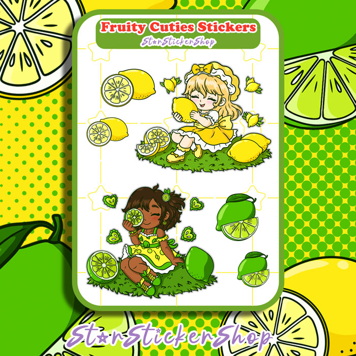 Fruity Cuties lemon and lime sticker sheet featuring two cute fruit girls with mini sour fruit accent stickers on a 3.9 x 5.2 inch sheet.