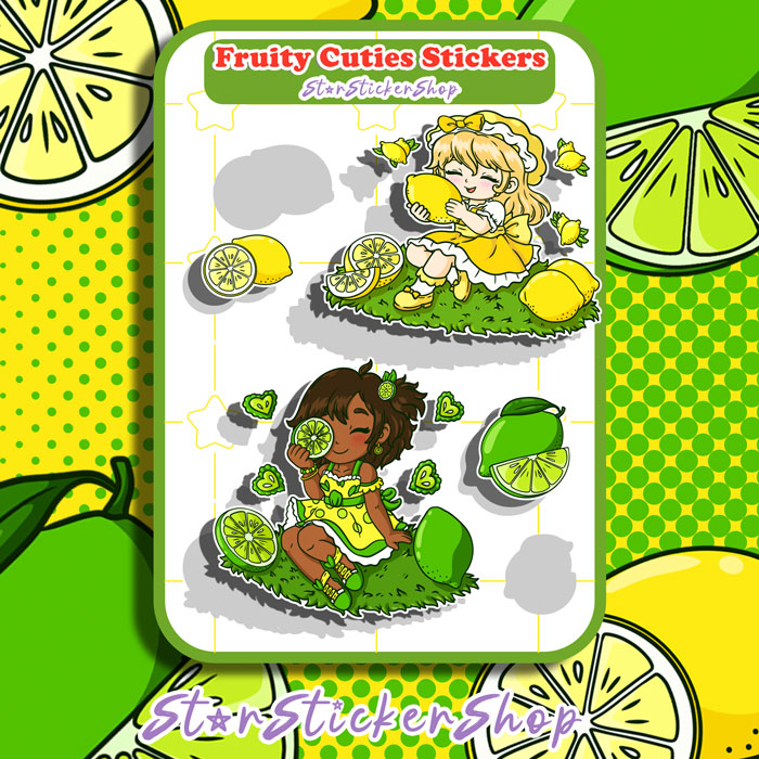 StarStickerShop original lemon and lime sticker sheet with kawaii fruity girls and small citrus stickers for journals, planners, and scrapbooks.
