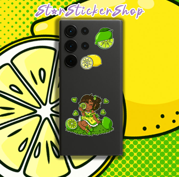 Cute sour-themed fruit sticker sheet with lemon girl, lime girl, and matching mini fruit stickers in a bright colorful design.