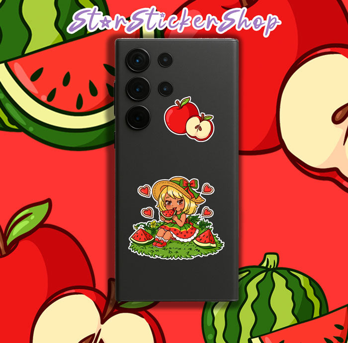 Kawaii fruit girl sticker sheet with red apple and watermelon themed characters, perfect for planners, journals, and scrapbooking.