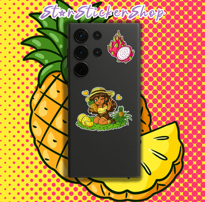 Cute tropical fruit sticker sheet with dragonfruit girl, pineapple girl, and colorful mini fruit accents for journals, planners, and scrapbooks.