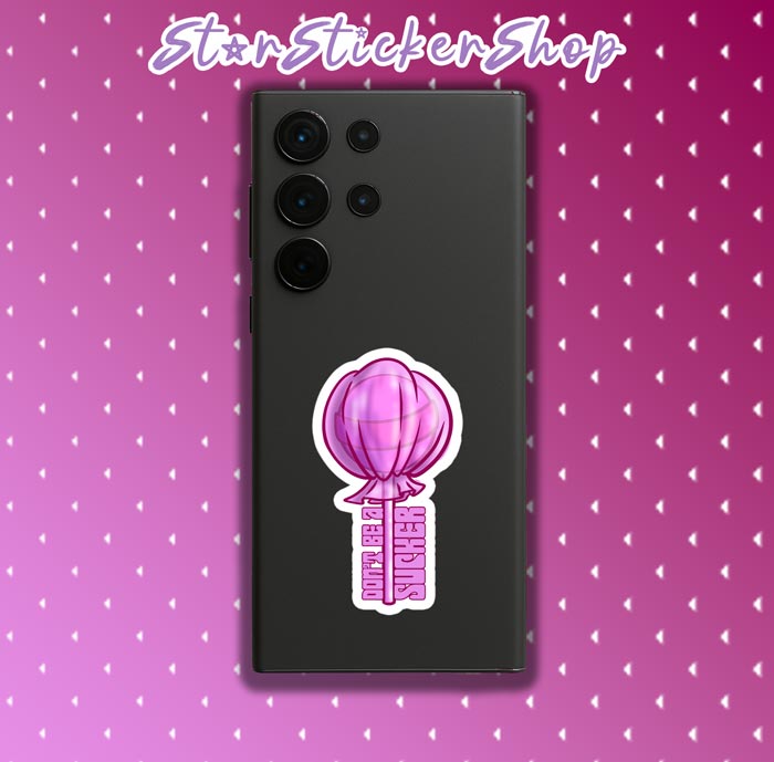 Pun sticker sheet with a glossy pink candy lollipop and playful text in a 5 inch diamond-shaped layout.
